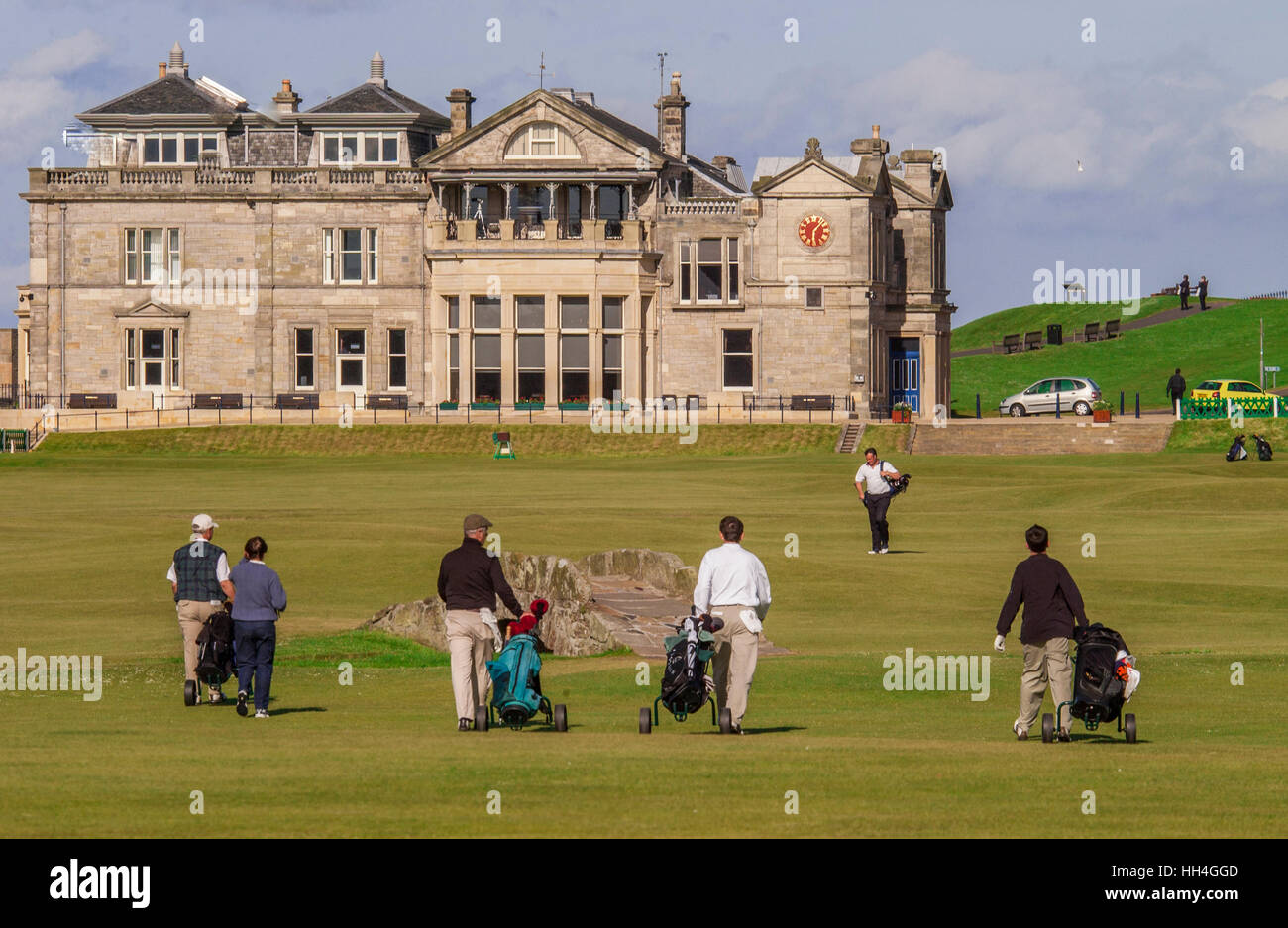 The 18th fairway and the Royal and Ancient clubhouse at St. Andrews golf course. Fife Scotland. 2003 The Swilken Bridge. Stock Photo