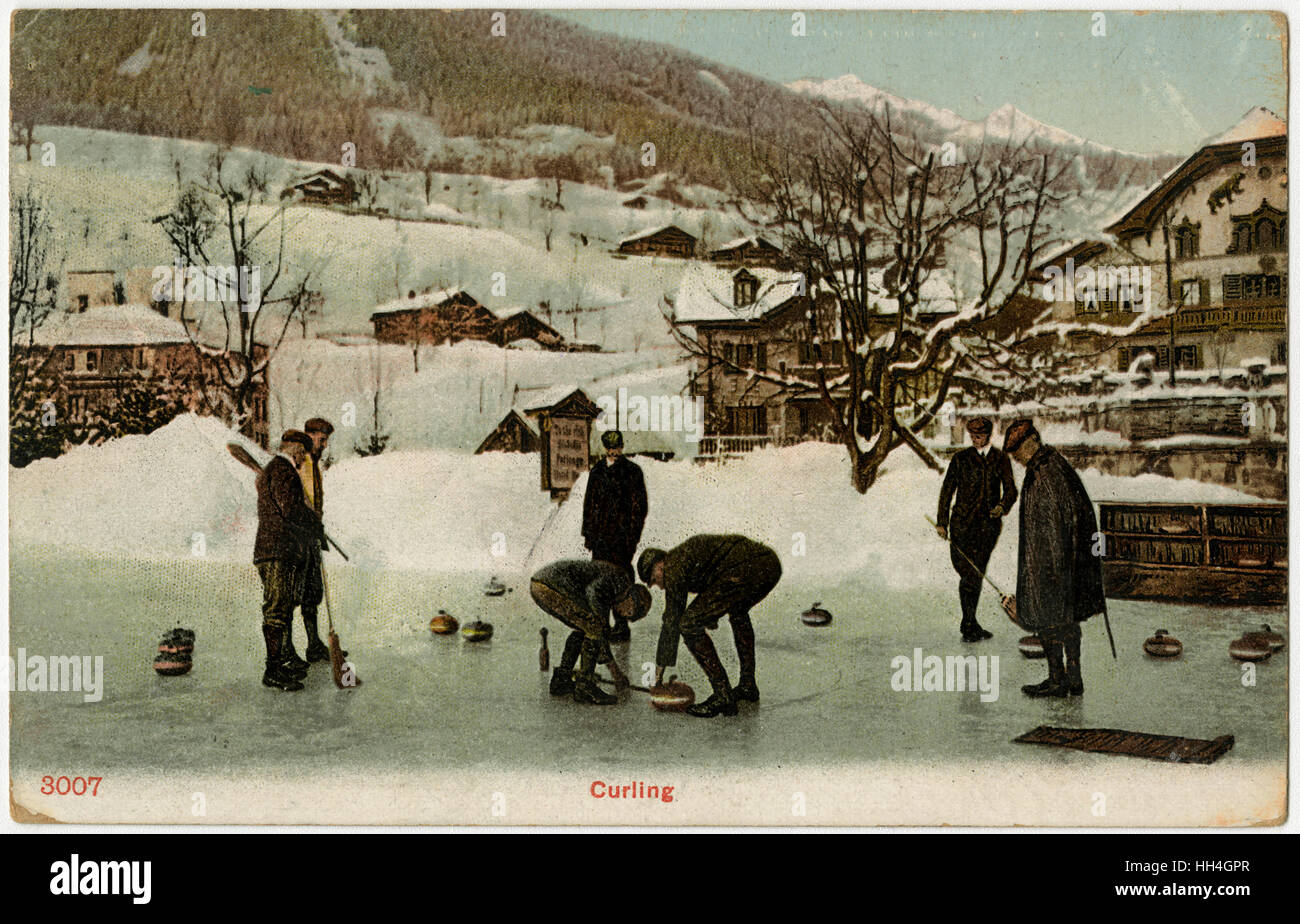 Outdoor Curling Match on the ice at Bern, Switzerland Stock Photo