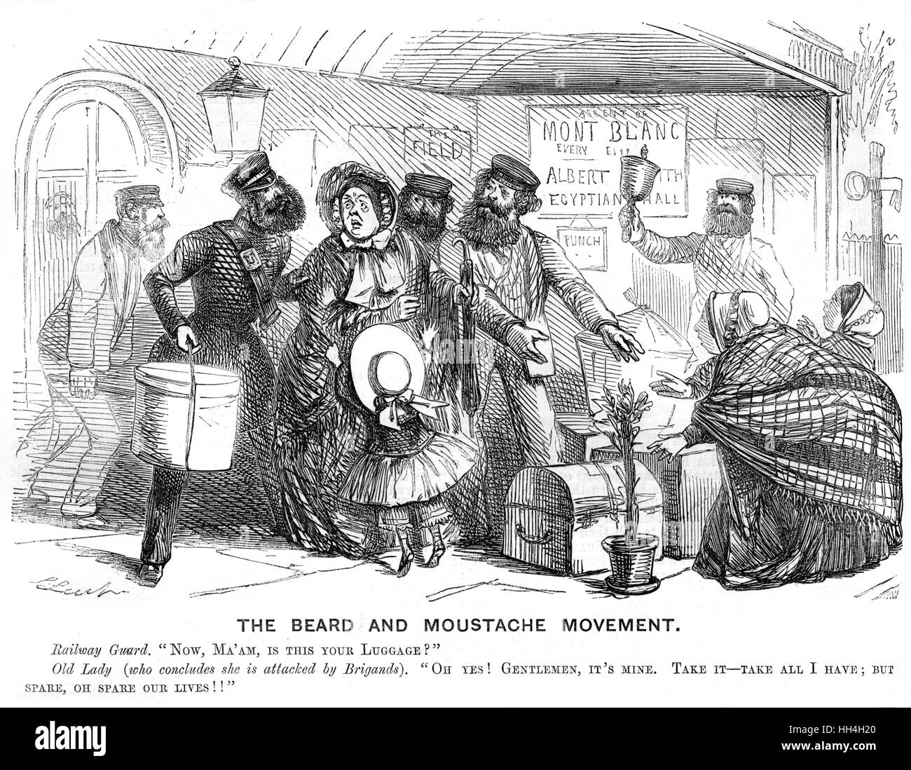 The Beard and Moustache Movement, cartoon in Punch by John Leech commenting on the fashion for large beards. Railway Guard: 'Now, ma'am, is this your luggage?' Old Lady (who concludes she is being attacked by brigands): 'Oh yes! Gentlemen, it's mine. Take Stock Photo