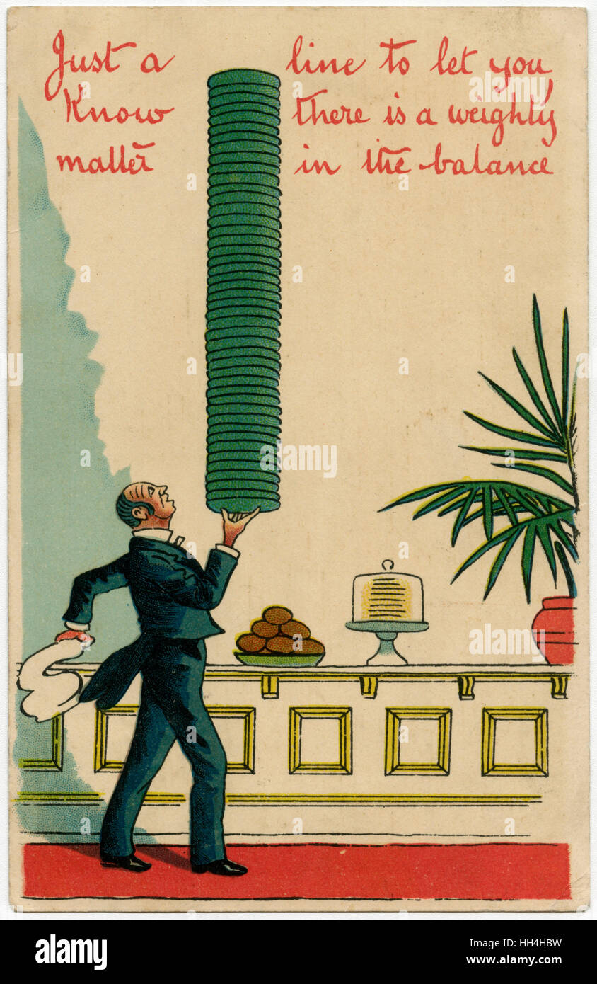 A Weighty matter in the balance a Waiter with many plates Stock Photo