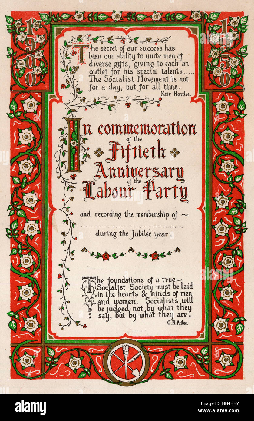 Membership certificate, In commemoration of the Fiftieth Anniversary of the Labour Party (1900-1950), for use during the Jubilee Year, with quotations from Keir Hardie and Clement Attlee. Stock Photo