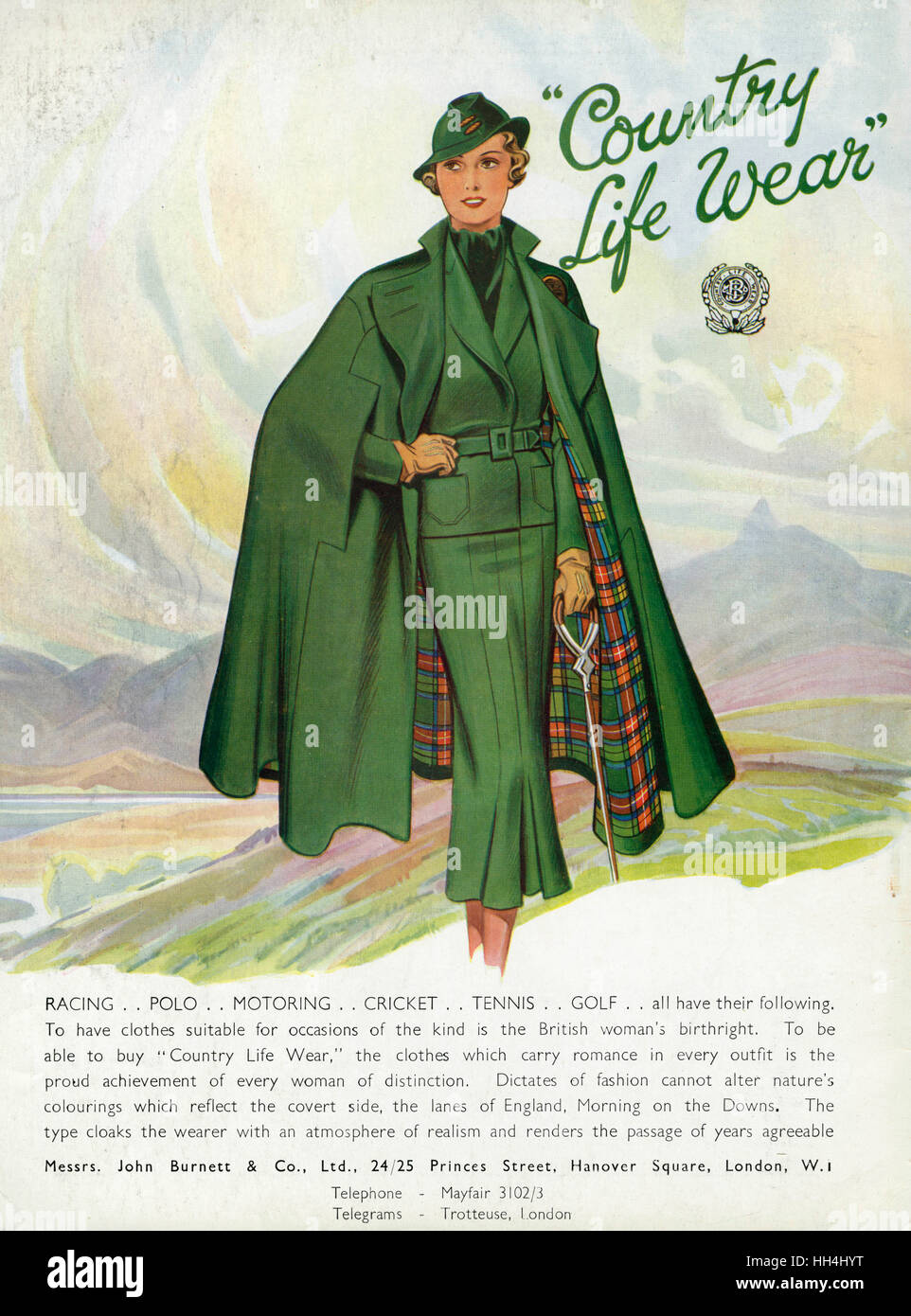 'Country Life Wear', women's walking attire with matching 3 piece suit, including cloak. Stock Photo