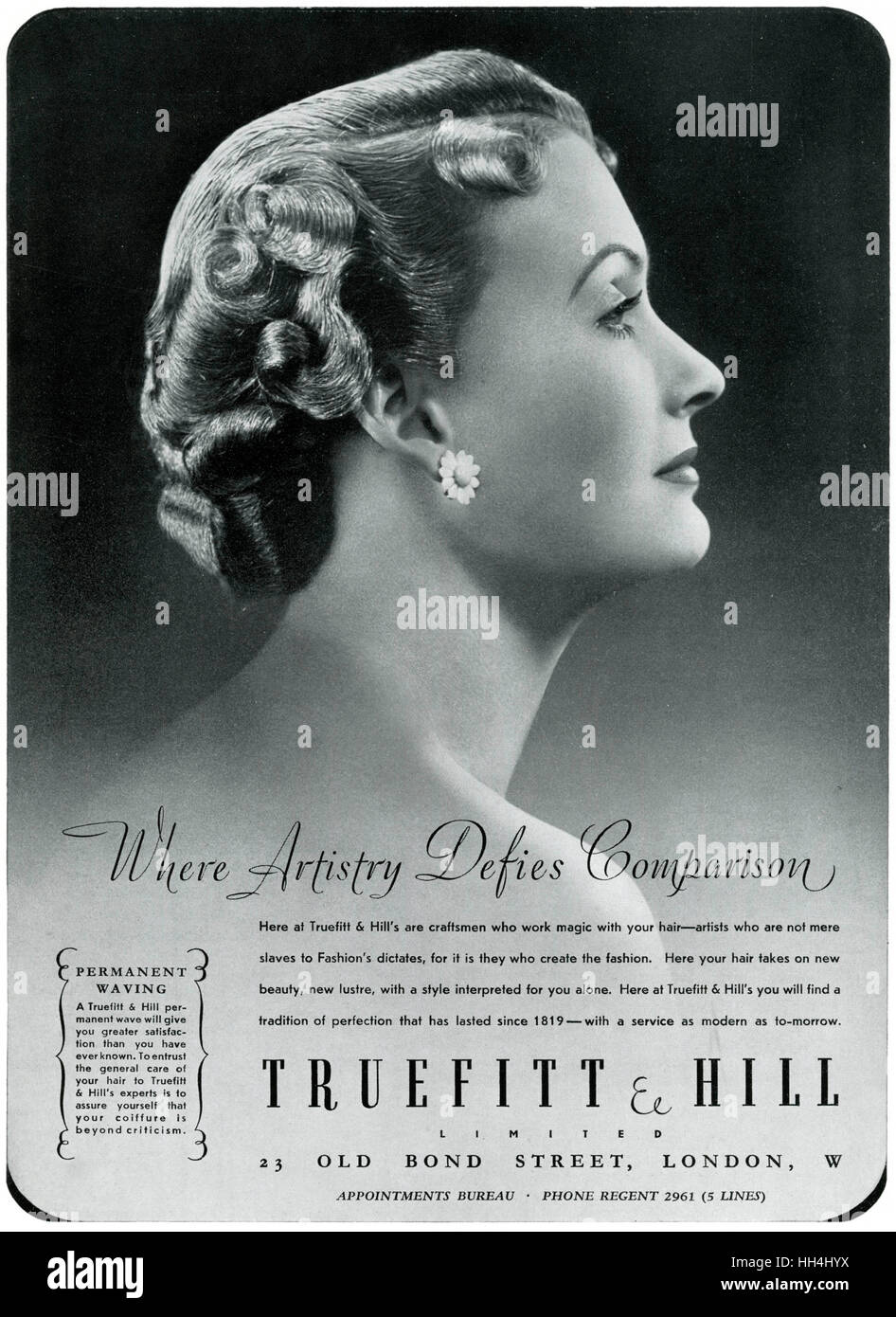 Advert for Truefitt & Hill - hair stylists & products 1937 Stock Photo