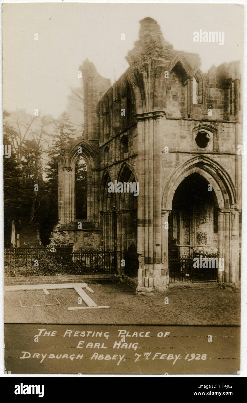 The resting place of Douglas Haig, 1st Earl Haig (1861-1928) at Dryburgh Abbey, Scottish Borders - taken on the day of burial on 7th February 1928. Stock Photo