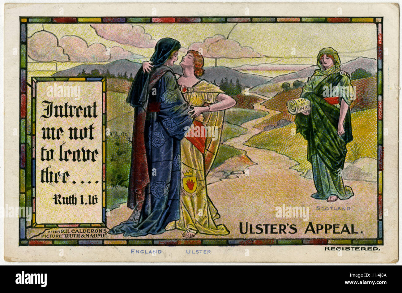 Ulster's Appeal - Intreat me not to leave thee.... (Ruth 1:16) - The personification of Ulster pleads with England not to abandon her, whilst Scotland (holding the Act of Union) stands passively by. Stock Photo