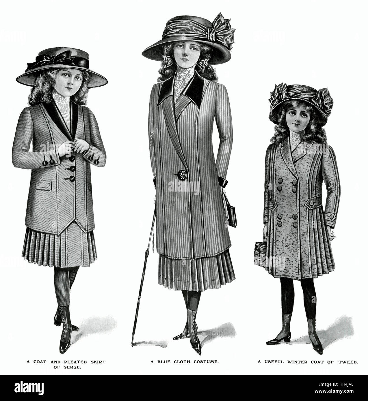 Schoolgirls' autumn clothing, (left) single breasted jacket with pleated skirt of serge, (middle) smart three quarter length single breasted striped coat with black trim and collar and pleated skirt, (right) double breasted tweed coat long enough to cover Stock Photo