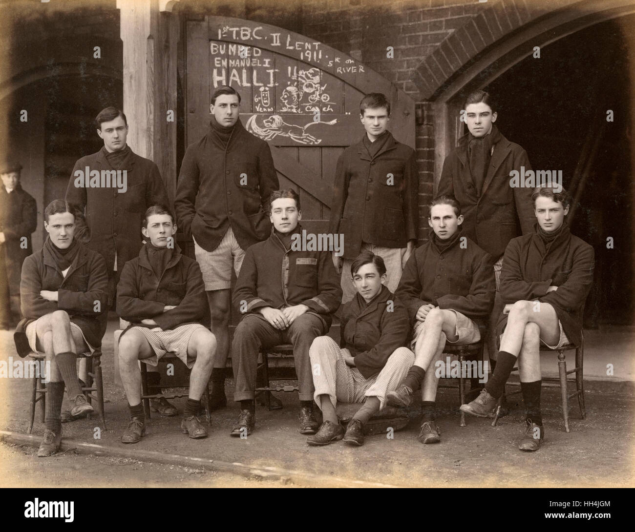 A rowing crew from Cambridge University in 1911 pictured outside the