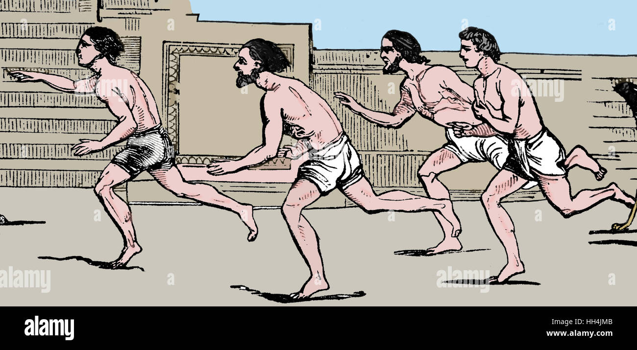 Ancient Olympic Games. Runners competing in a foot race. Engraving, 19th century. Color. Stock Photo