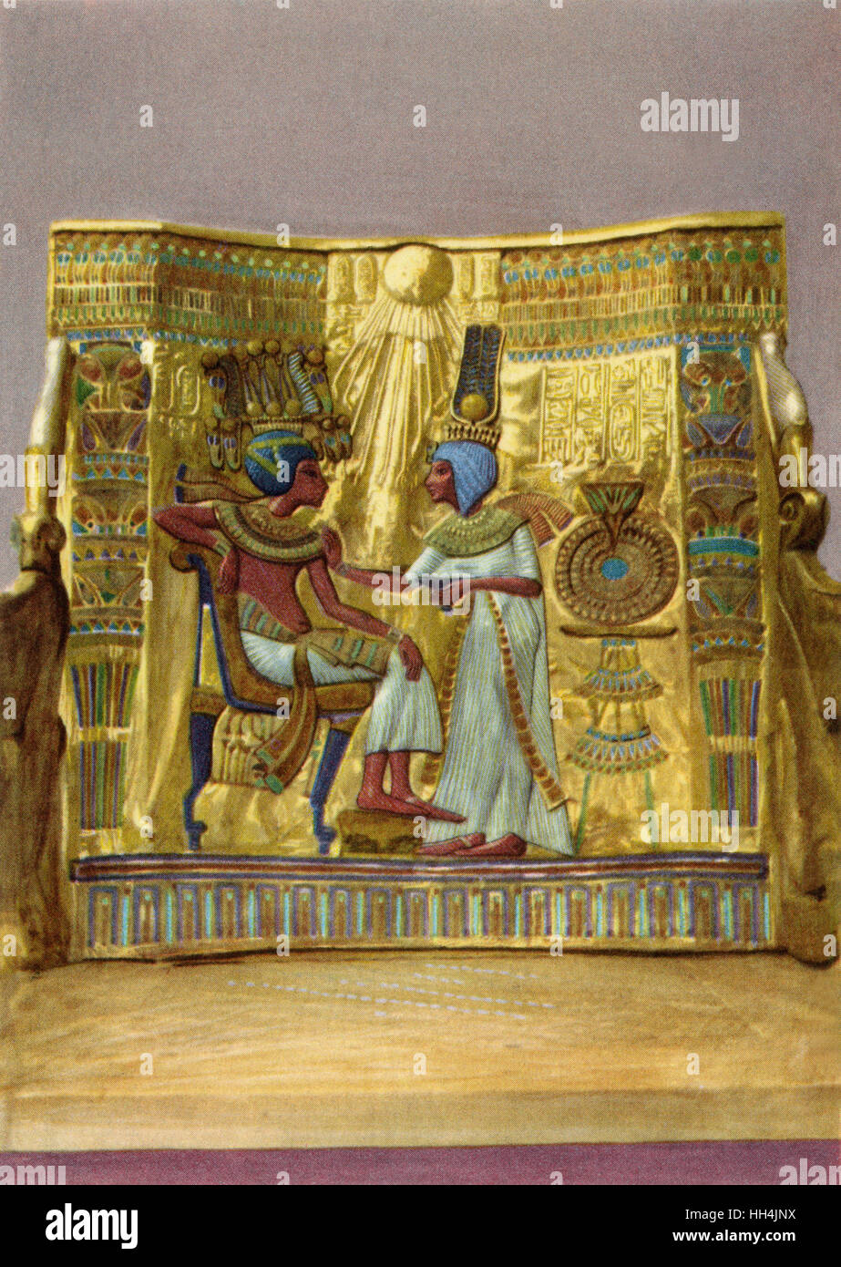 Panel from the back of the golden throne of Pharao Tutankhamun (reigned  1332–1323 BC), as discovered by Howard Carter among others in 1922 in the  Valley of Kings, belongs to the most
