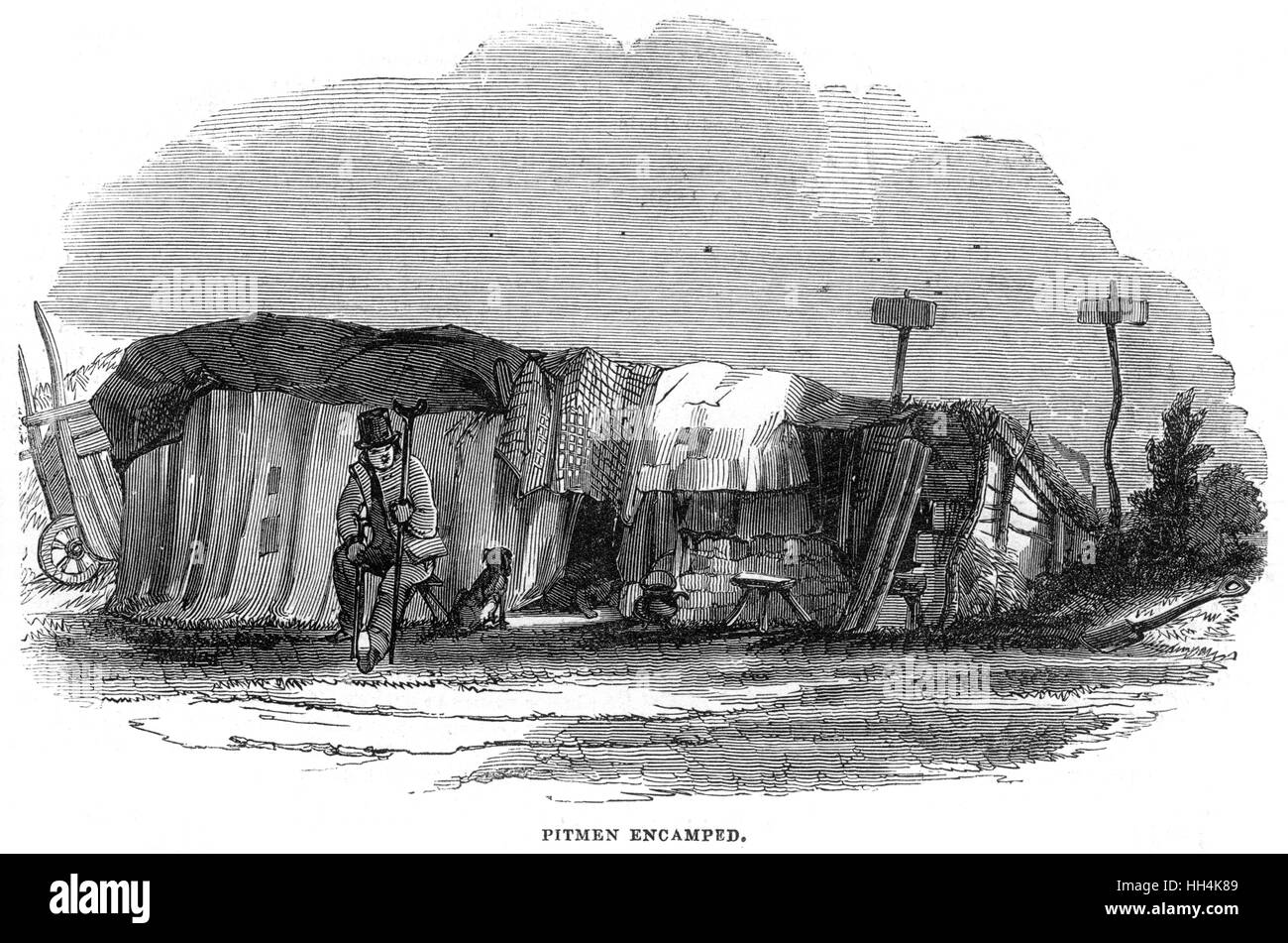 Pitmen encamped - evicted coal miner and his dwelling Stock Photo