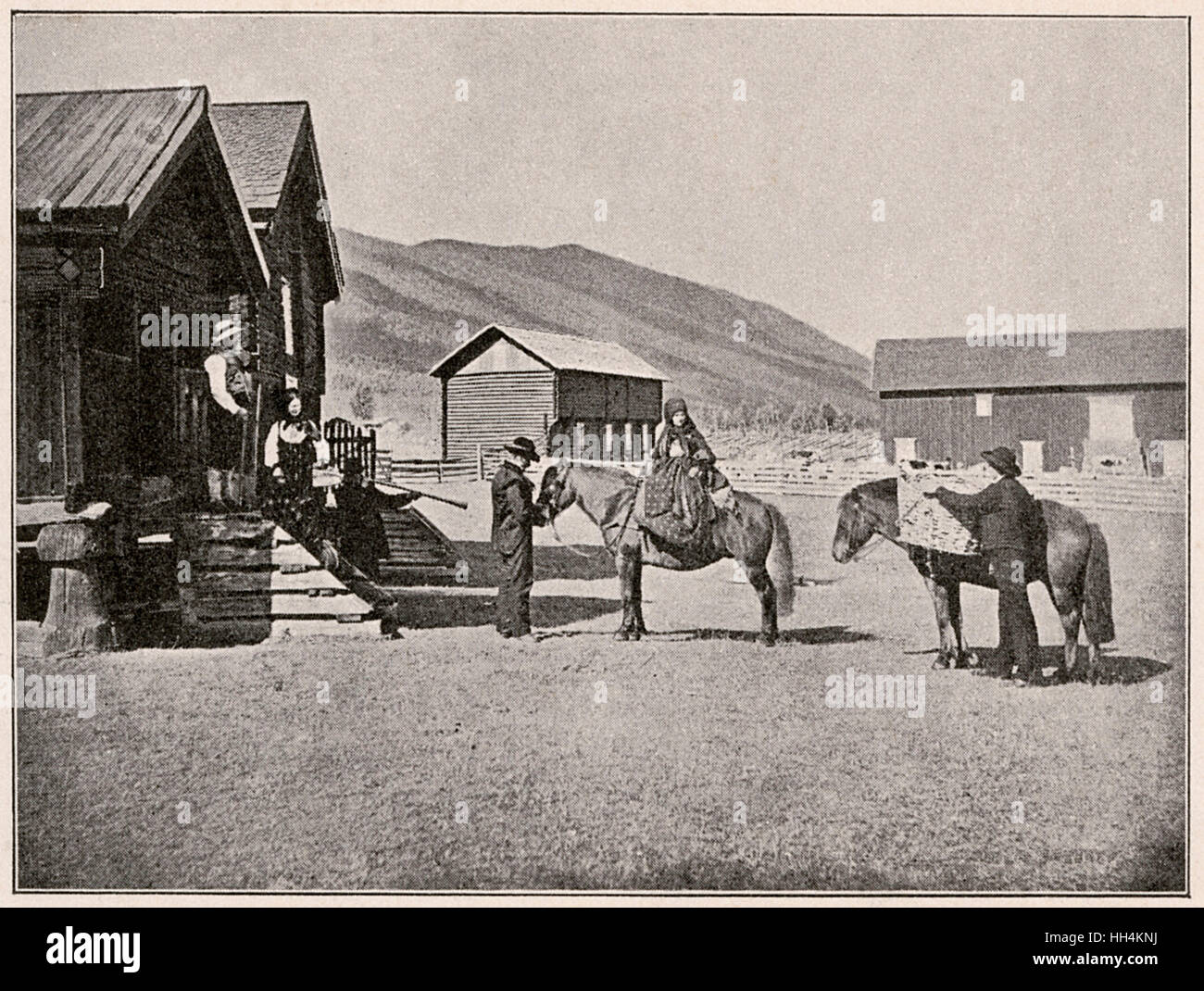 North Cape farmstead, Norway, with farming people and merchants with their ponies. One man is holding a long trumpet. Stock Photo