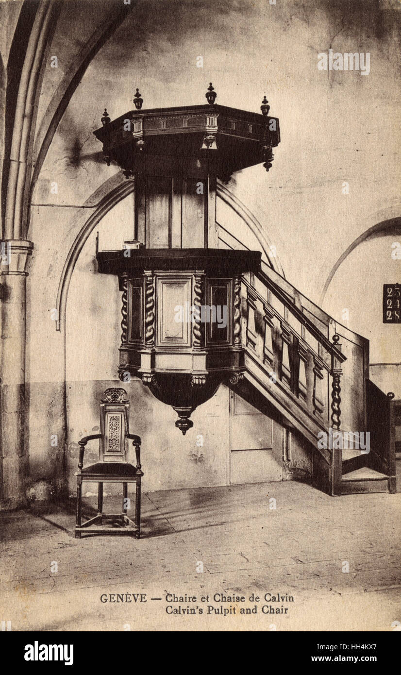 Geneva, Switzerland - The Chair and Pulpit of John Calvin. The great Scottish reformer John Knox also preached to the English congregation from this pulpit. Stock Photo