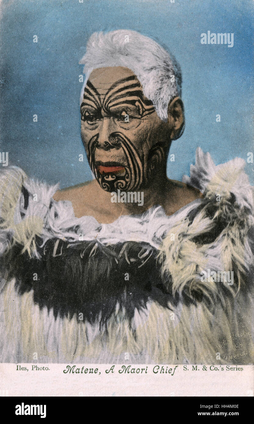 Matene Te Nga, Chief of the Ngati Maru Maori Tribe with tattooed face, New Zealand. Stock Photo