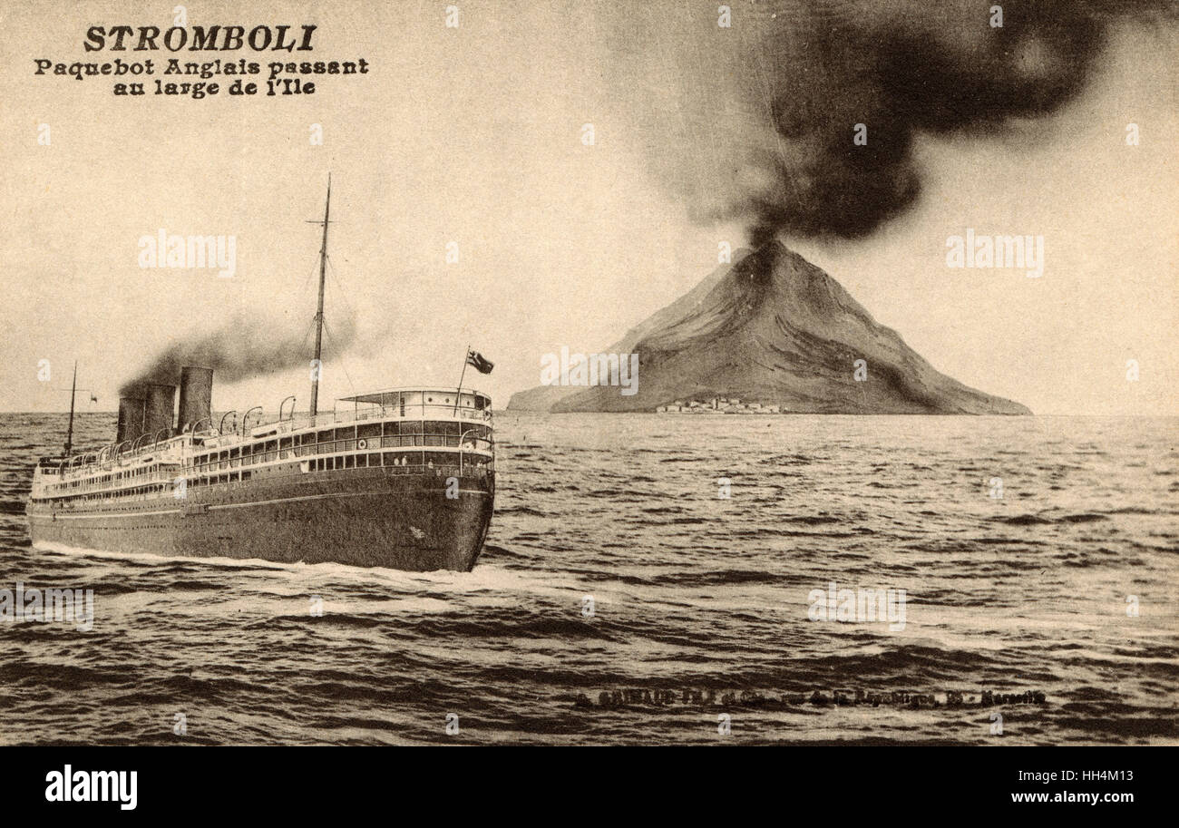 An English Packet Boat passes Stromboli, a small island in the Tyrrhenian Sea, off the north coast of Sicily, containing one of the three active volcanoes in Italy. A quite remarkably bizarre 'montage' card. Stock Photo