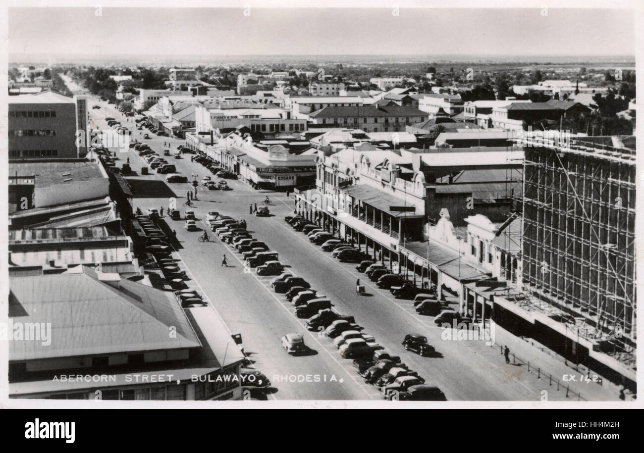 Aerial view of Abercorn Street, Bulawayo, Southern Rhodesia (now Zimbabwe), with many parked