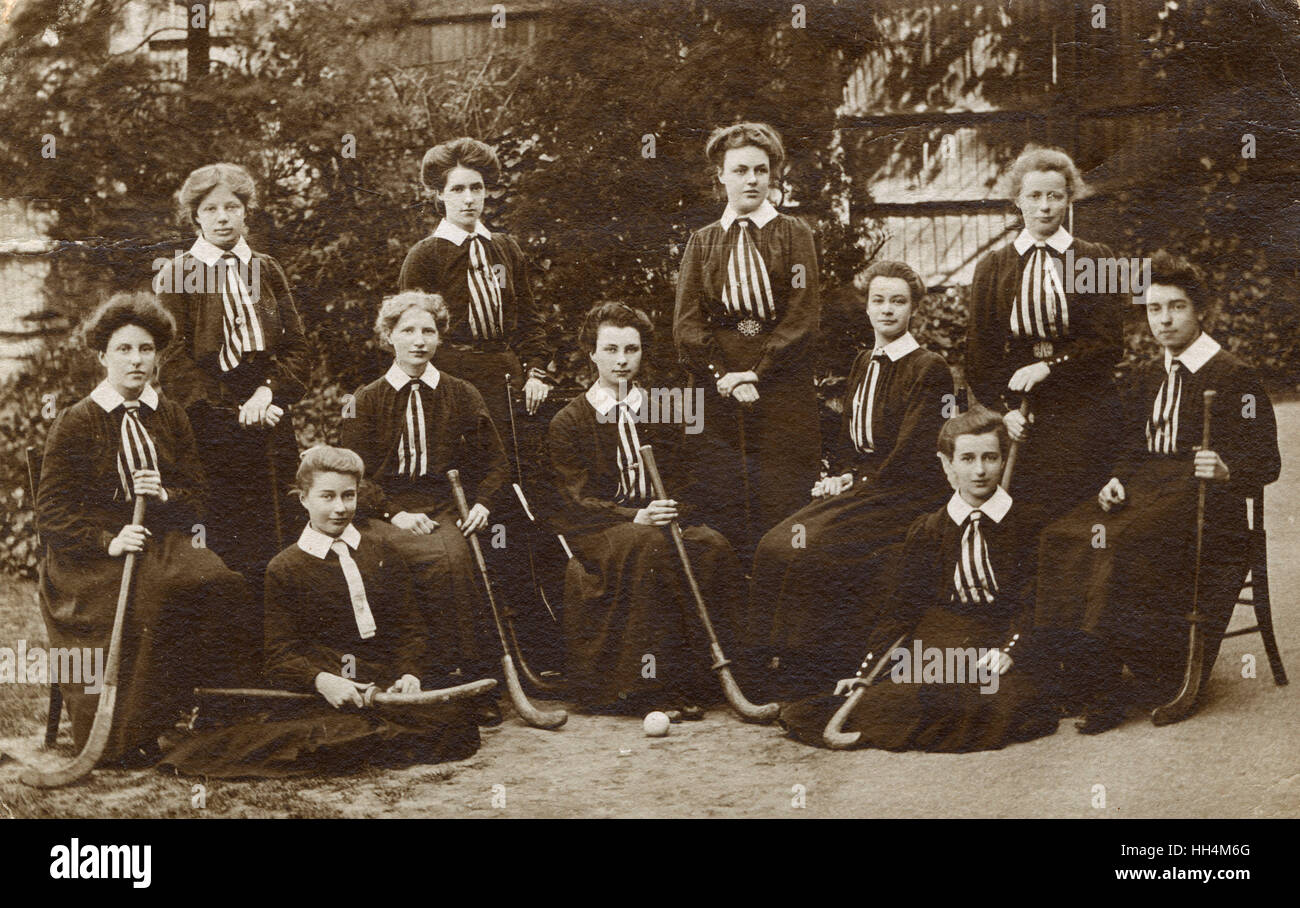An unnamed English School Women's Hockey Team - the Captain is Emily Mary (nee Dorman), Lady Shackleton (1868-1936), Wife of Sir Ernest Henry Shackleton and daughter of Charles Dorman. Stock Photo