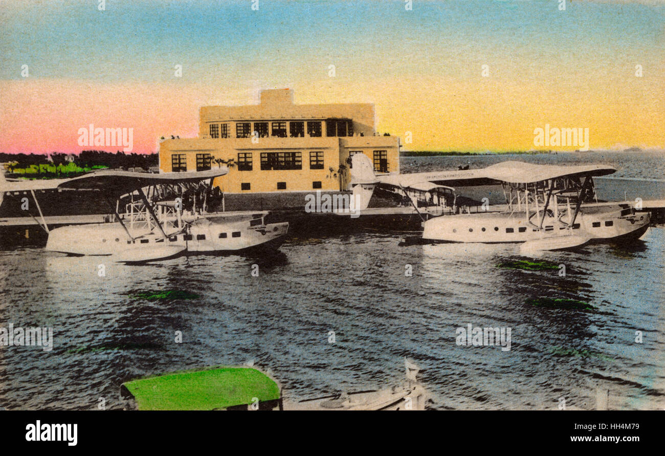 The Terminal Building - Dinner Key, Coconut Grove neighborhood, Miami, Florida, USA. Pan American Airways Clipper Flying Boats - Sikorsky S-40R - only three ever built. The lead position clipper here (#NC81V) was scrapped during WW2. Stock Photo