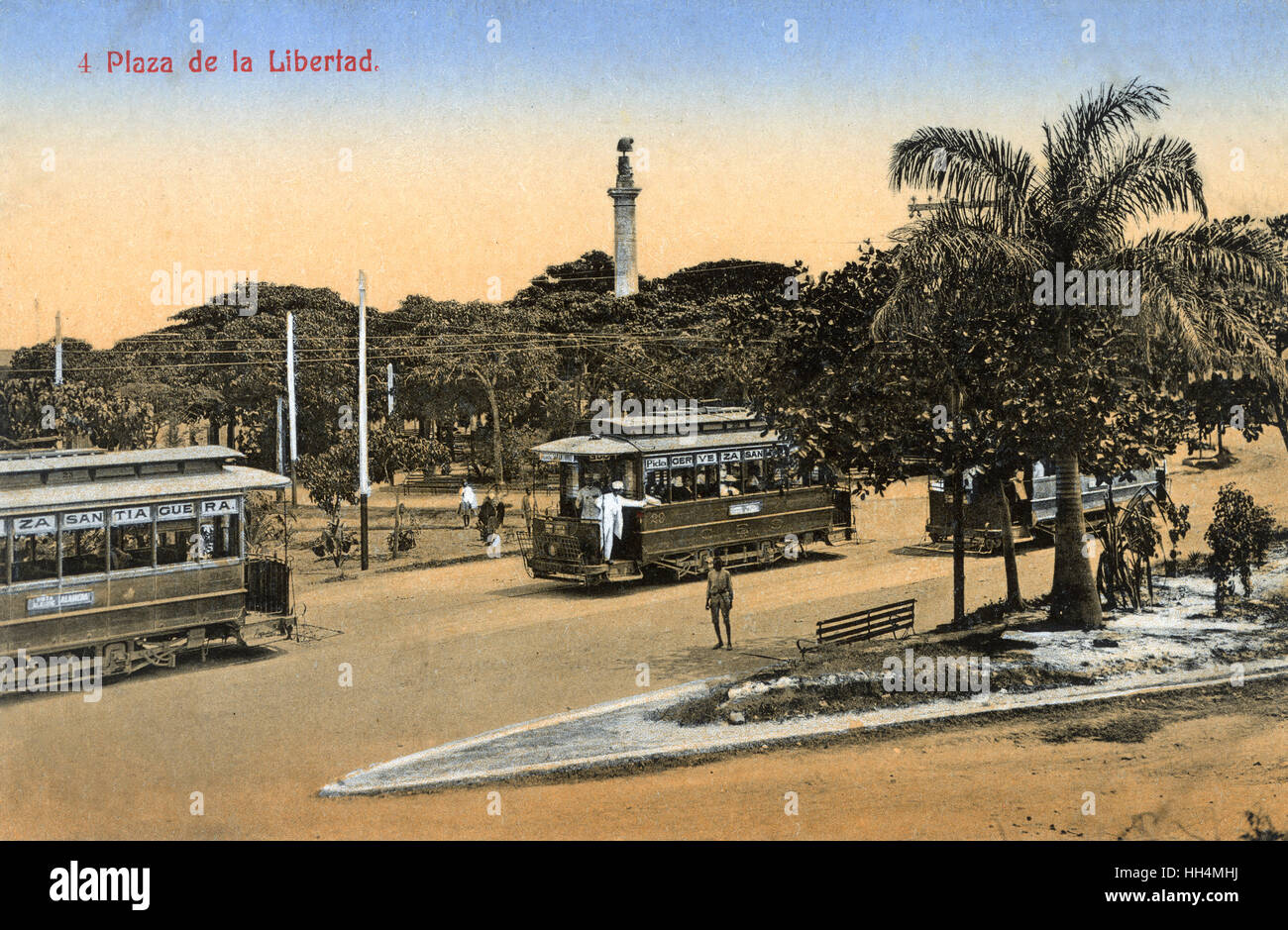 Plaza de la Libertad (Freedom Square, now called Plaza de Marte), Santiago de Cuba, Cuba, with tramcars. Stock Photo