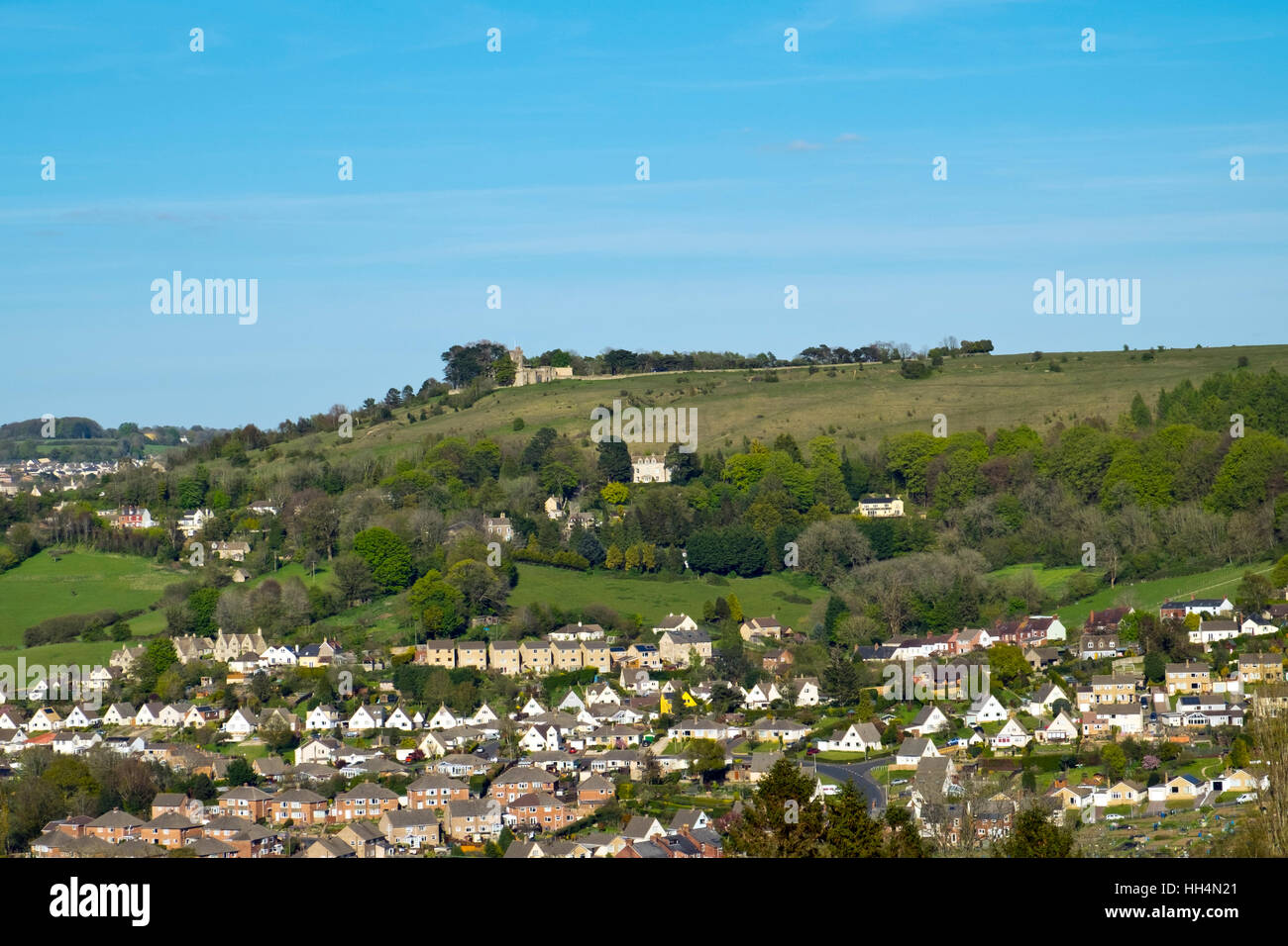 The view over Stroud town towards Rodborough Fort and Common, Gloucestershire, Cotswolds, England, UK Stock Photo