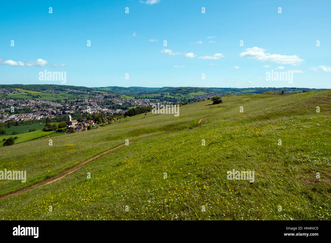 The view over Selsley village and the Stroud Valleys from Selsley Common, Gloucestershire, Cotswolds, UK Stock Photo