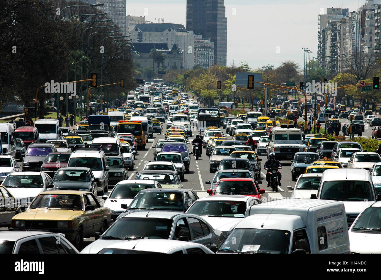 Heavy traffic during the rush hour on the widest avenue of the world, Avenida 9 de Julio, Buenos Aires, Argentina. Stock Photo