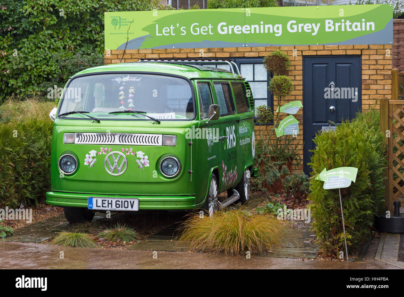 Let's Get Greening Grey Britain display with VW Campervan at RHS Garden Wisley, Woking, Surrey, UK in January - Volkswagen camper van Stock Photo