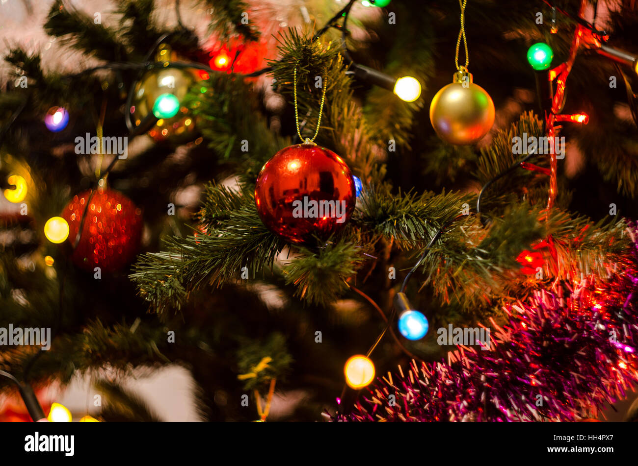 Xmas Tree Balls and Ornaments in DIfferent Colours Stock Photo