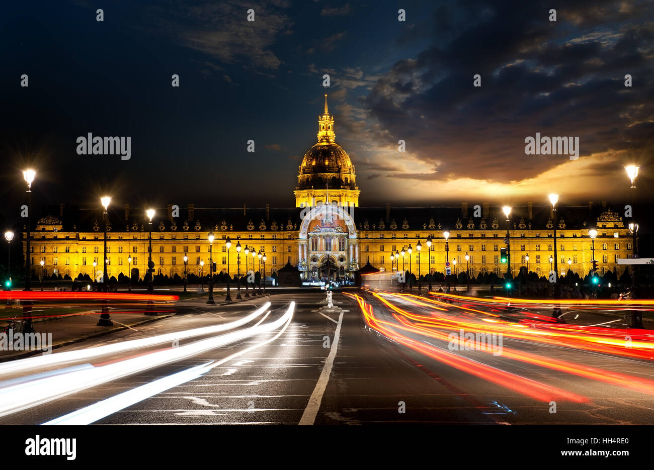 Les Invalides in Paris with evening illumination, France Stock Photo