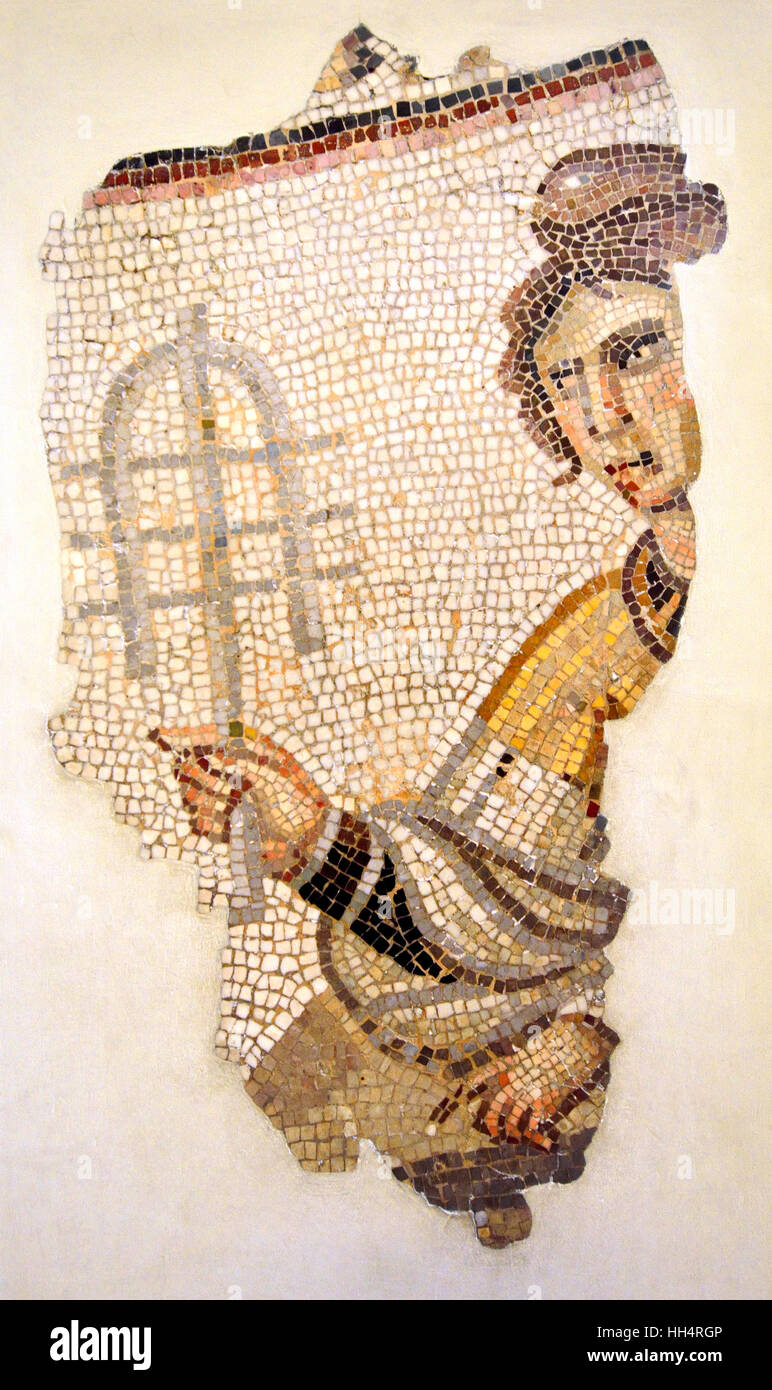 London, England, UK. British Museum. Late Roman mosaic pavement fragment (Carthage, Tunisia: 4thC) Woman holding a musical instrument Stock Photo