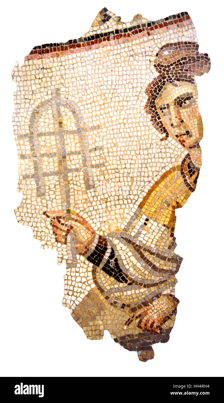 London, England, UK. British Museum. Late Roman mosaic pavement fragment (Carthage, Tunisia: 4thC) Woman holding a musical instrument (cutout) Stock Photo