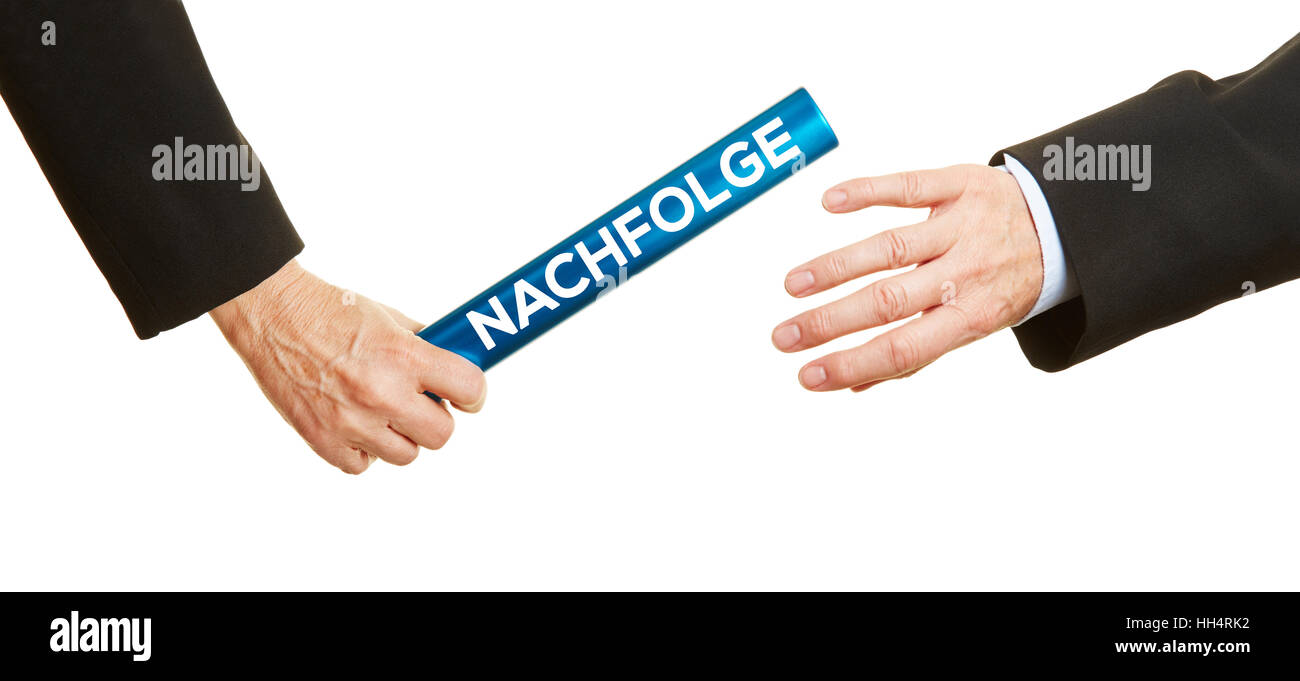 Business hands passing blue baton with german word 'Nachfolge' (succession) as change of leadership concept Stock Photo