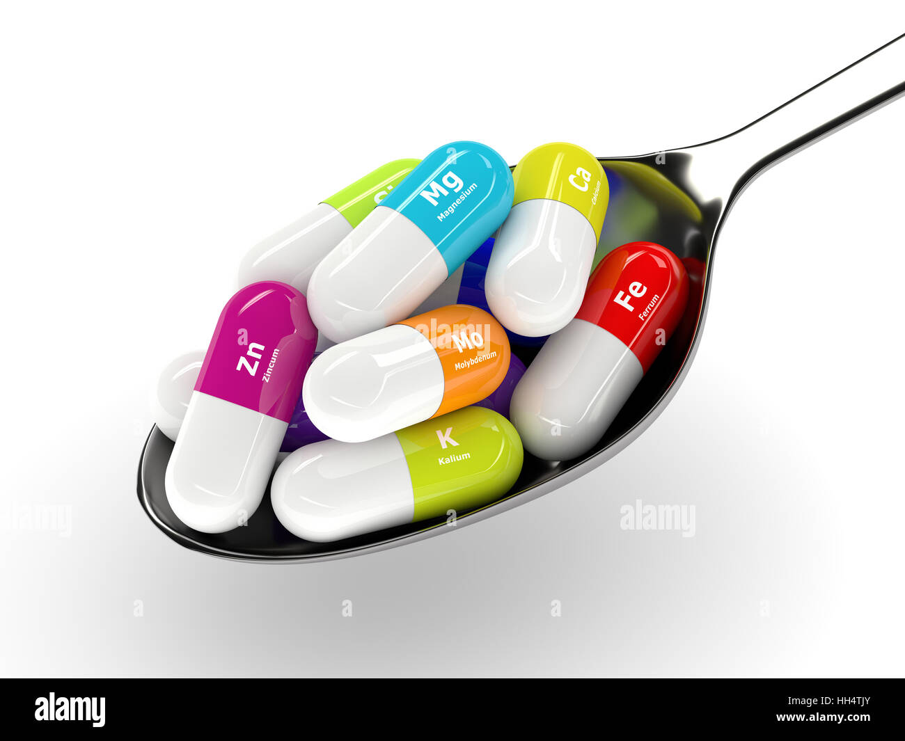 3d rendering of dietary supplements on spoon isolated over white background Stock Photo