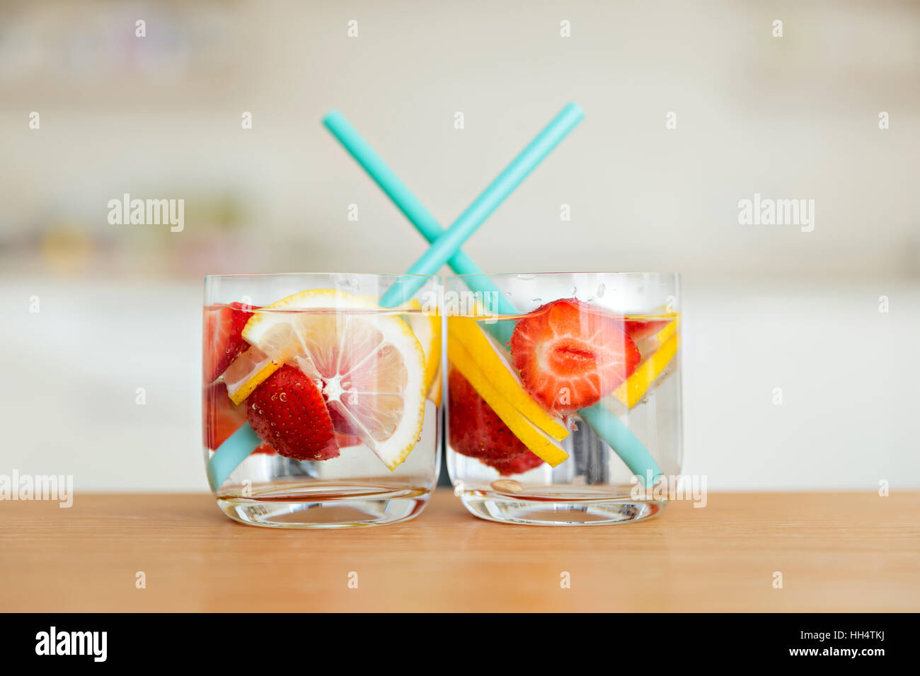 refreshing summer drink wuth lemon and strawberry Stock Photo