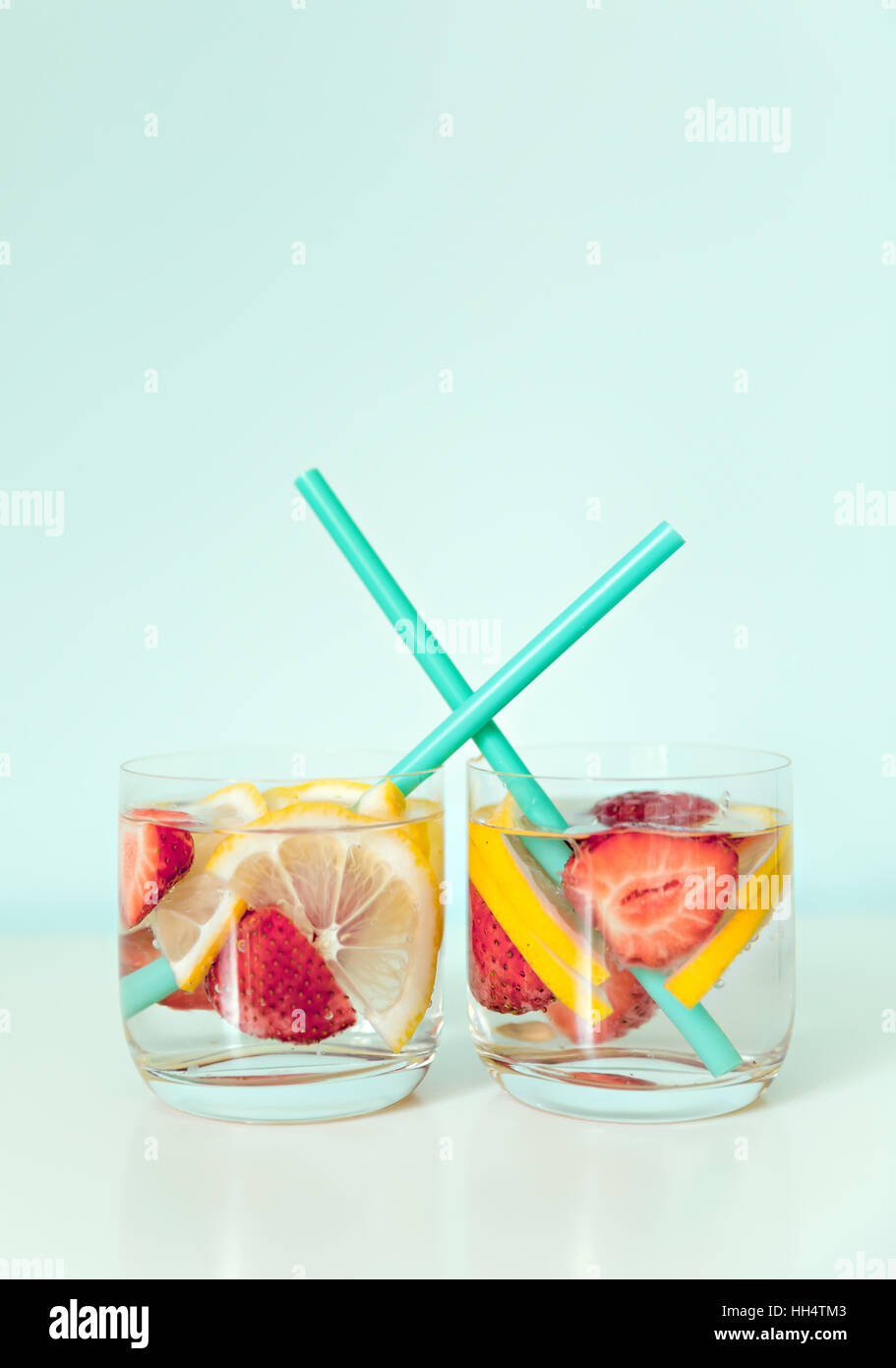 refreshing summer drink with lemon and strawberry Stock Photo