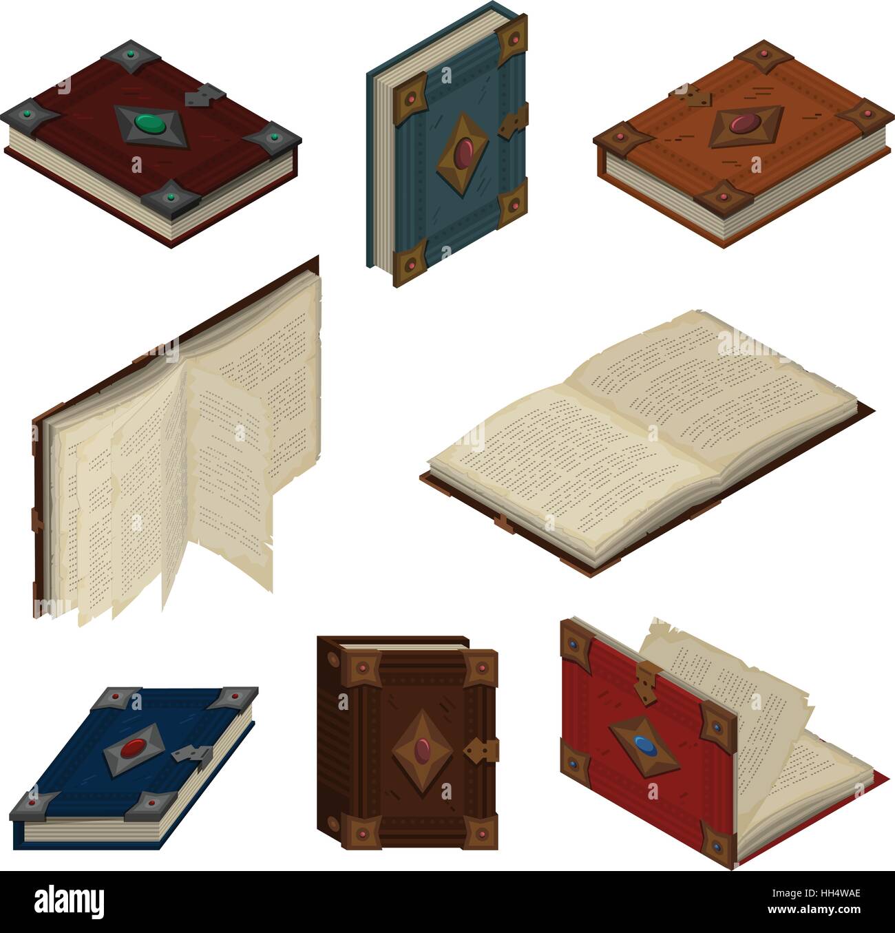 Set of old books or tutorials. Isometric flat vector. Stock Vector