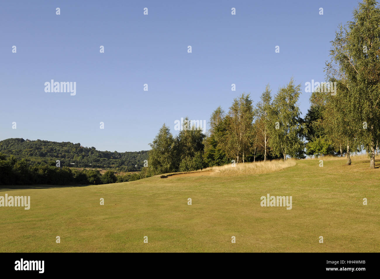 View from the middle of the 1st Fairway with Surrey Hills in background, Bletchingley Golf Club Surrey England Stock Photo