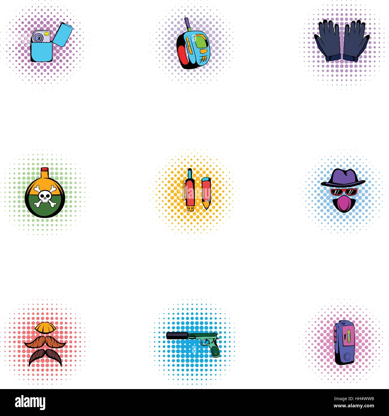 Search Illegal action icons set, pop-art style Stock Vector