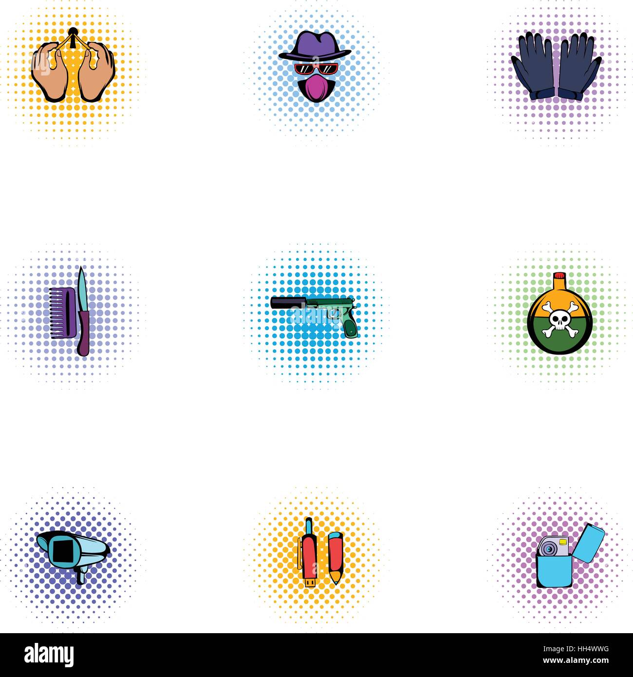 Manhunt icons set, pop-art style Stock Vector