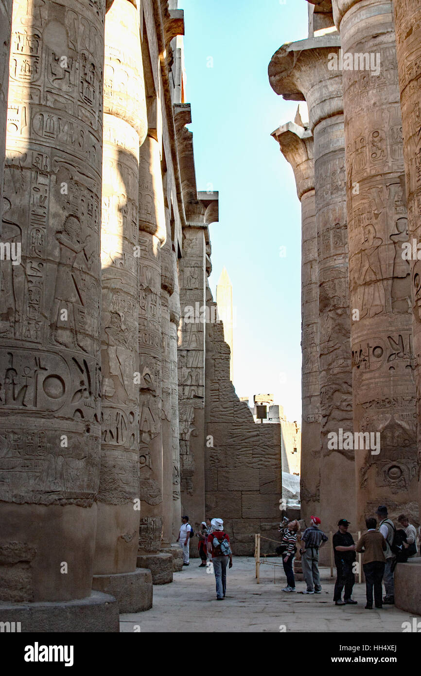 Karnak, Luxor, Egypt Huge temple site with preserved ancient ruins & over 200 structures including huge ornate, engraved columns Stock Photo