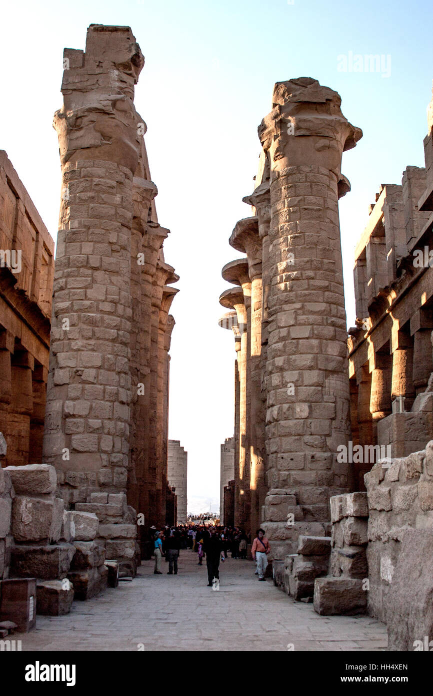 Karnak, Luxor, Egypt hosts a huge temple site with preserved ancient ruins & over 200 structures. Stock Photo