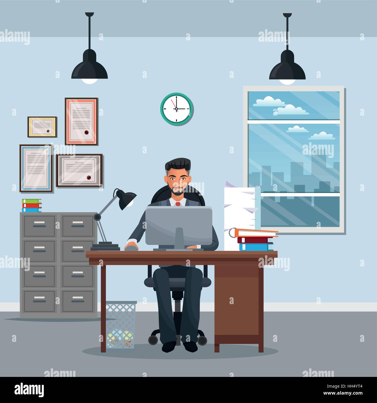 Man Sitting Workplace Cabinet File Desk Laptop Window Clock Stock