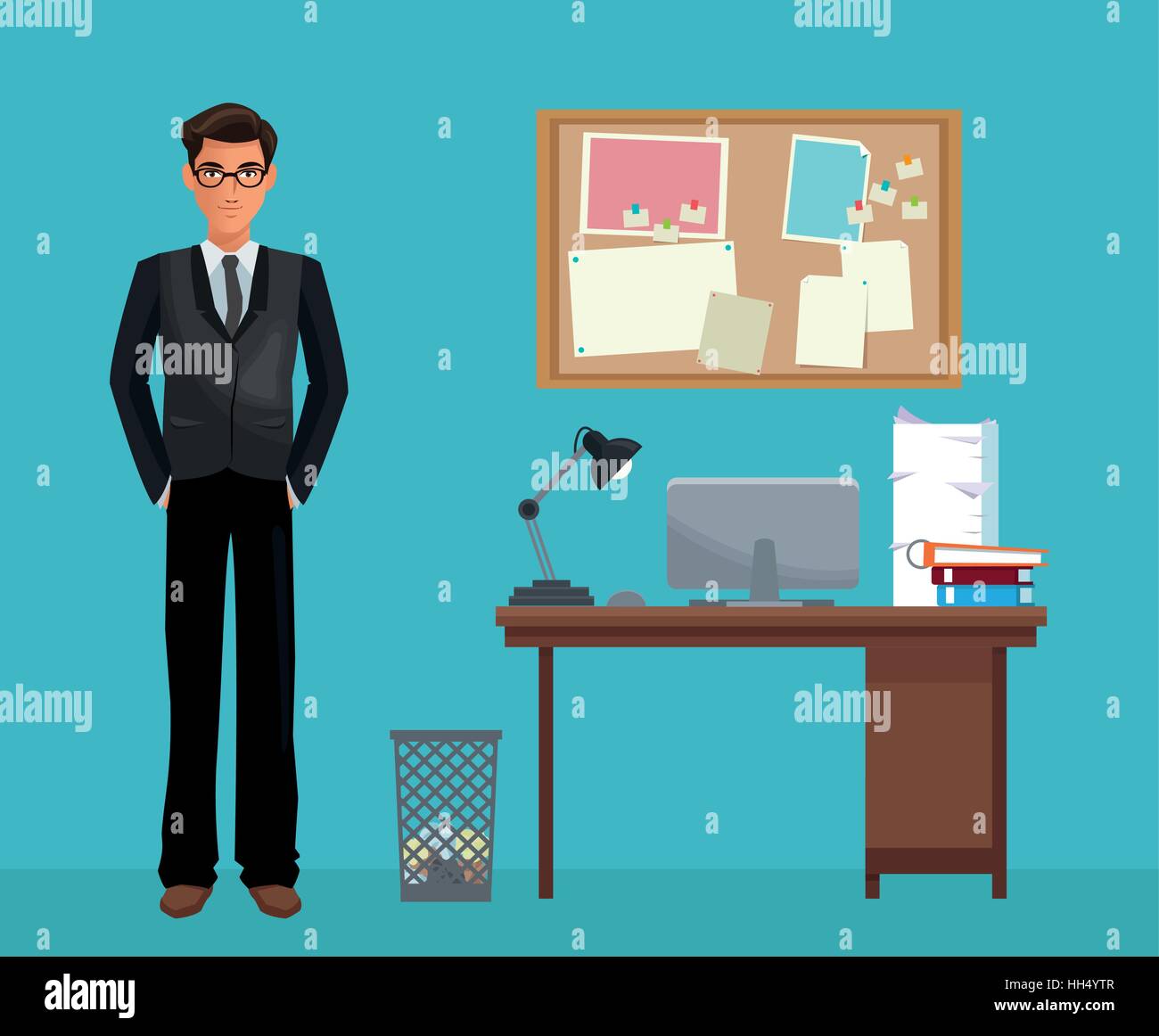 man glasses office work space desk notice board Stock Vector Image