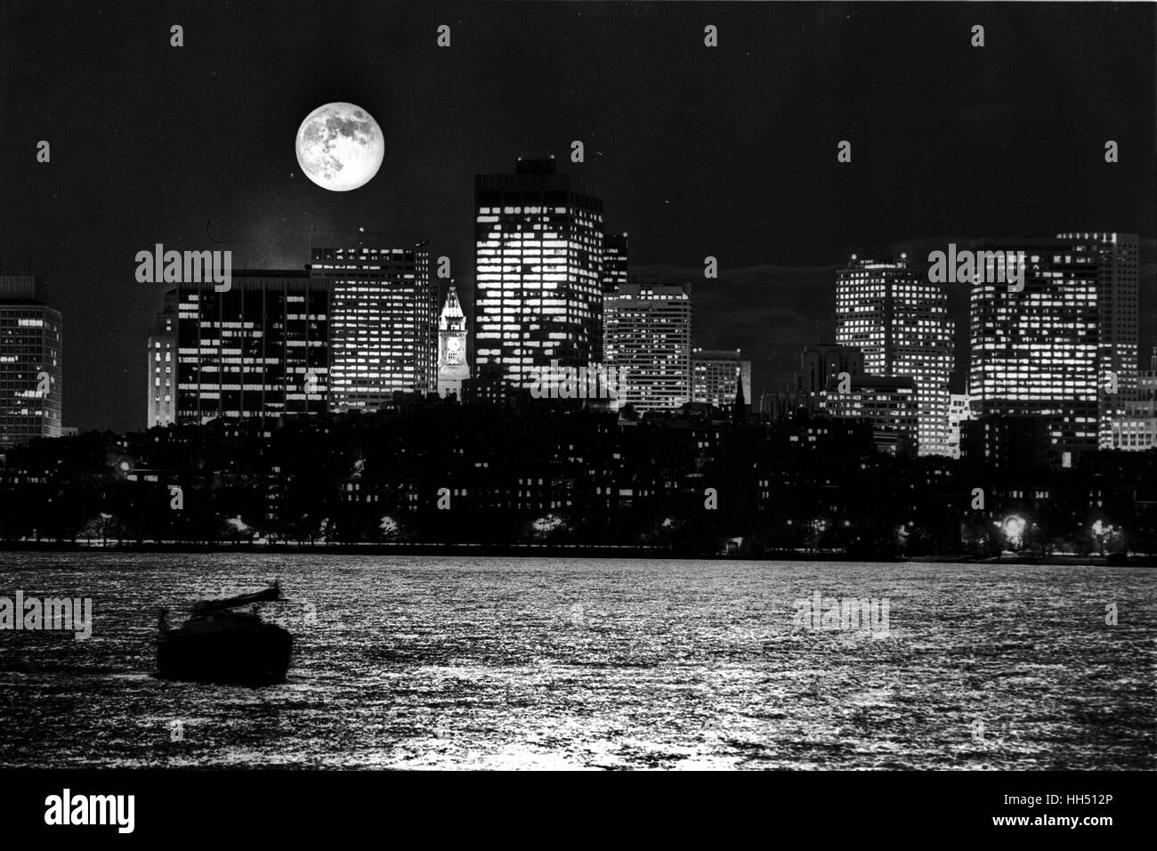 full moon over the city of Boston mass photo by bill belknap 1986 Stock Photo