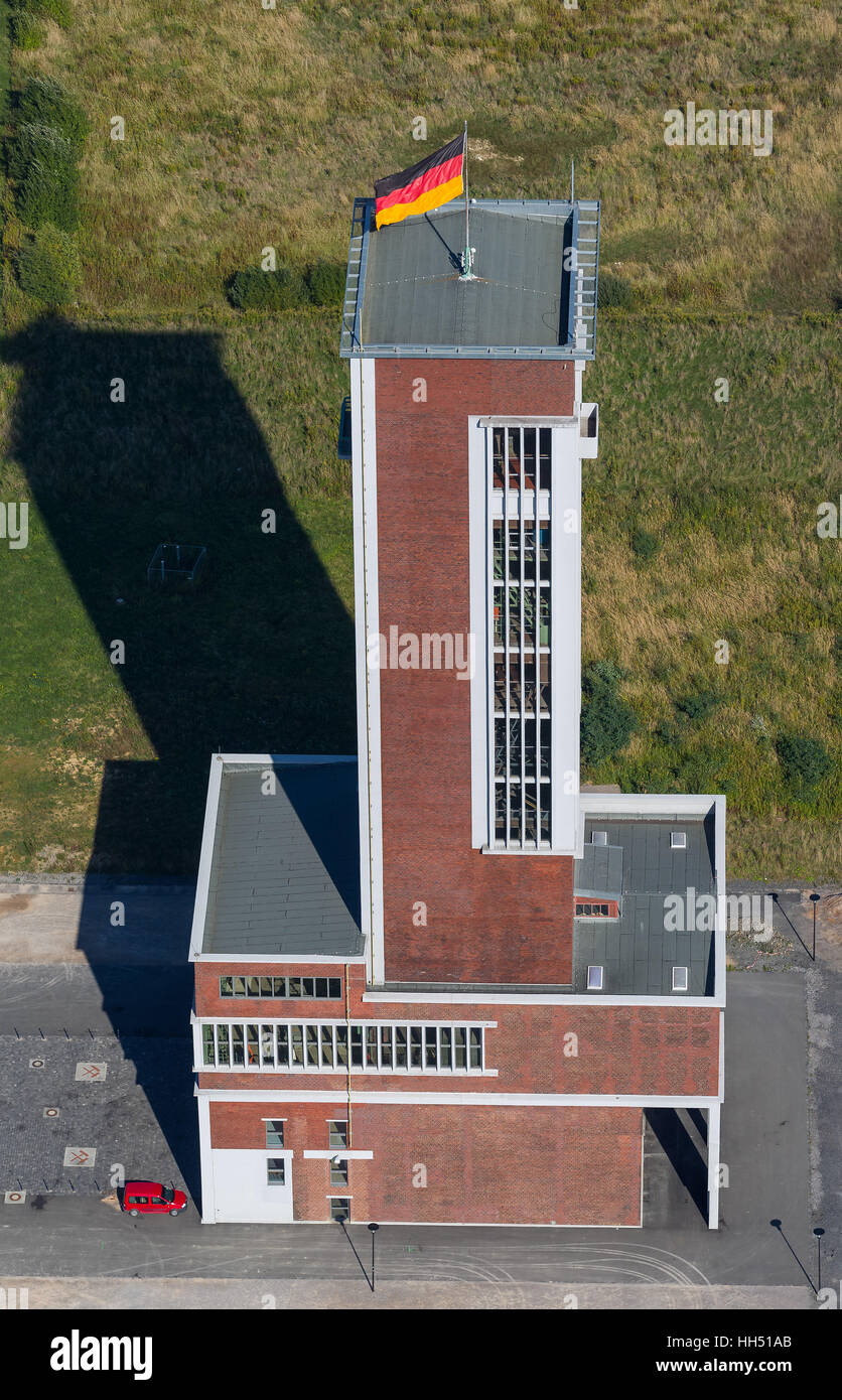 Former coalmine kingborn shaft 4 East pole, machine house and promoter tower, Germany, Europe, bird-eye view, aerial photo, Stock Photo