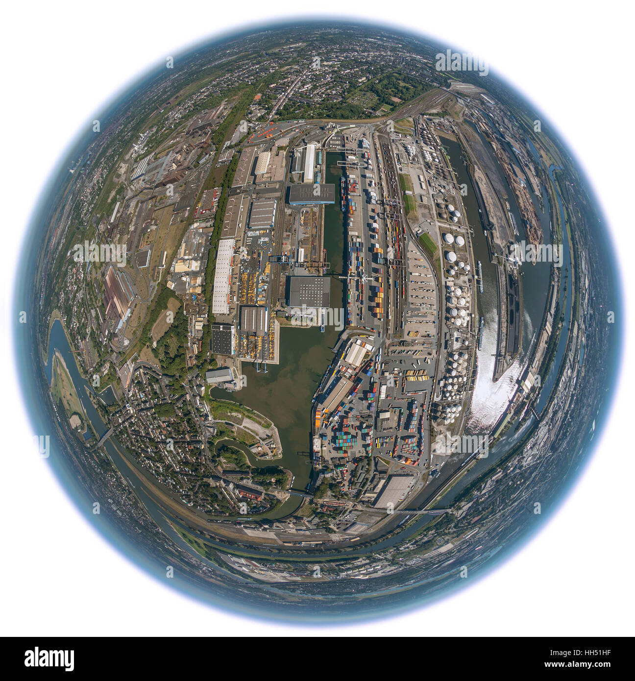 Duisport, inland port of Duisburg, the largest inland port in europe, the Port of Duisburg as a globe, fisheye image, Duisburg, Stock Photo