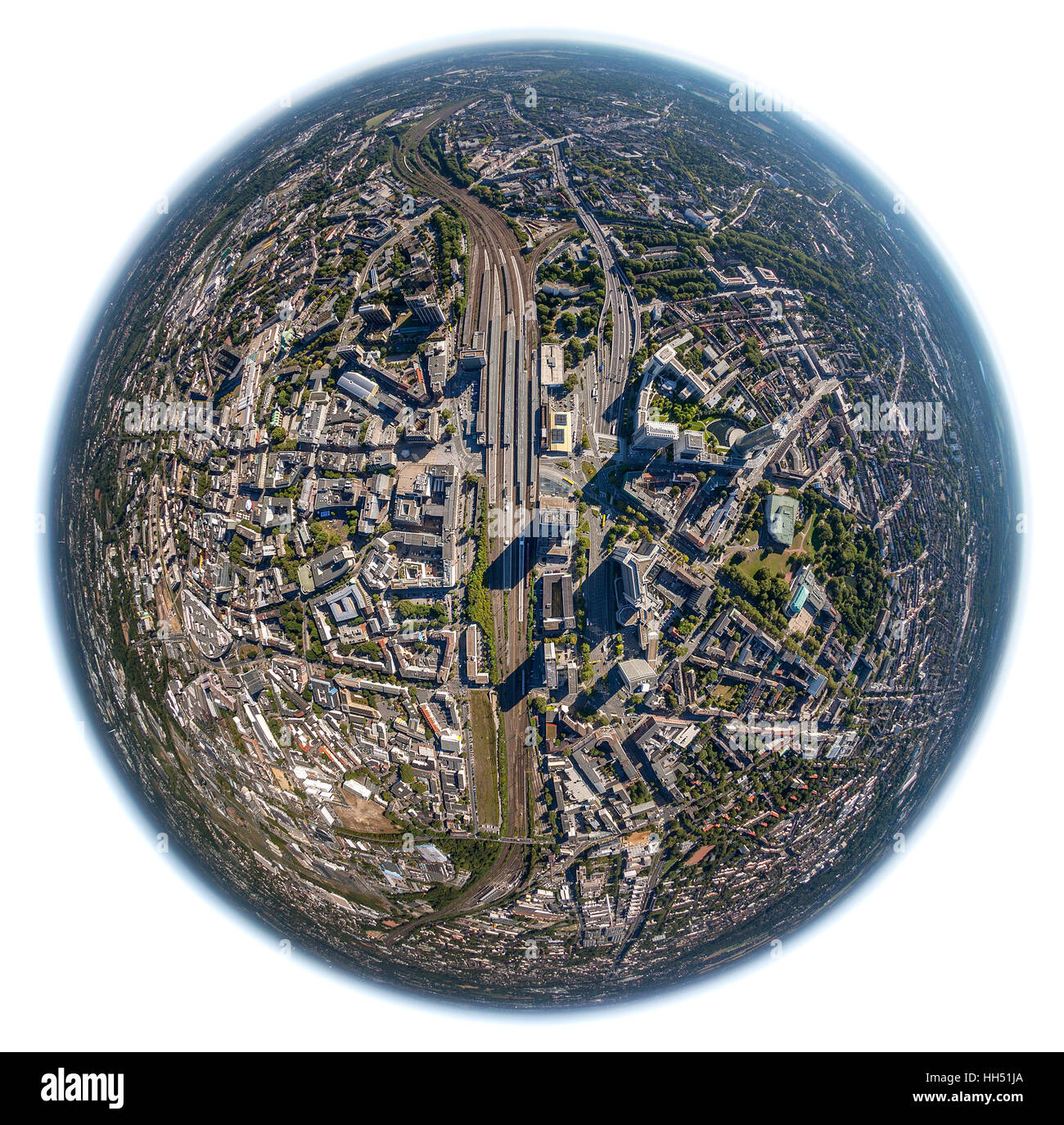 Fisheye images, Essen city, City with Cathedral and Philharmonic Hall and City Hall and Central Station, Essen, Ruhr area, Stock Photo