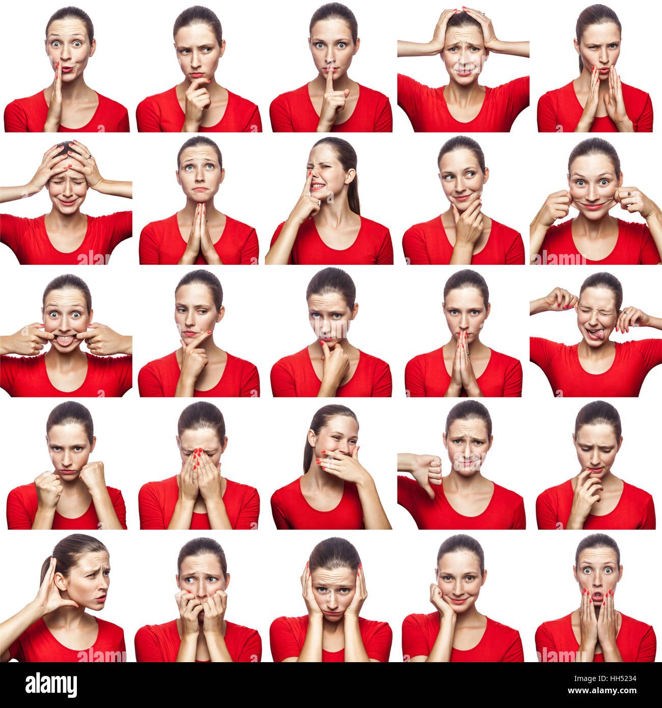 Mosaic of woman with freckles expressing different emotions expressions. The woman with red t-shirt with 16 different emotions. Stock Photo