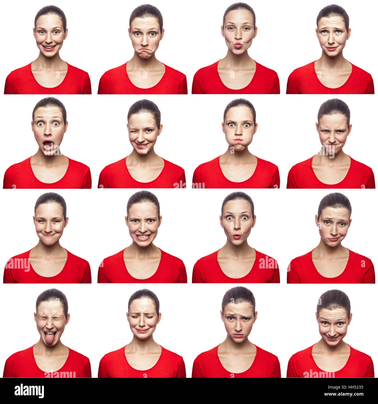 Mosaic of woman with freckles expressing different emotions expressions. The woman with red t-shirt with 16 different emotions. Stock Photo