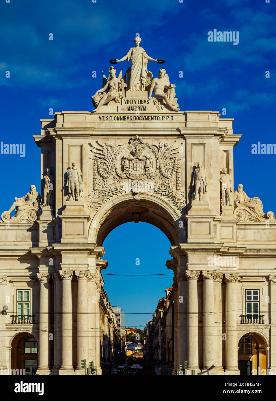 Portugal, Lisbon, Commerce Square, View of the Rua Augusta Arch. Stock Photo