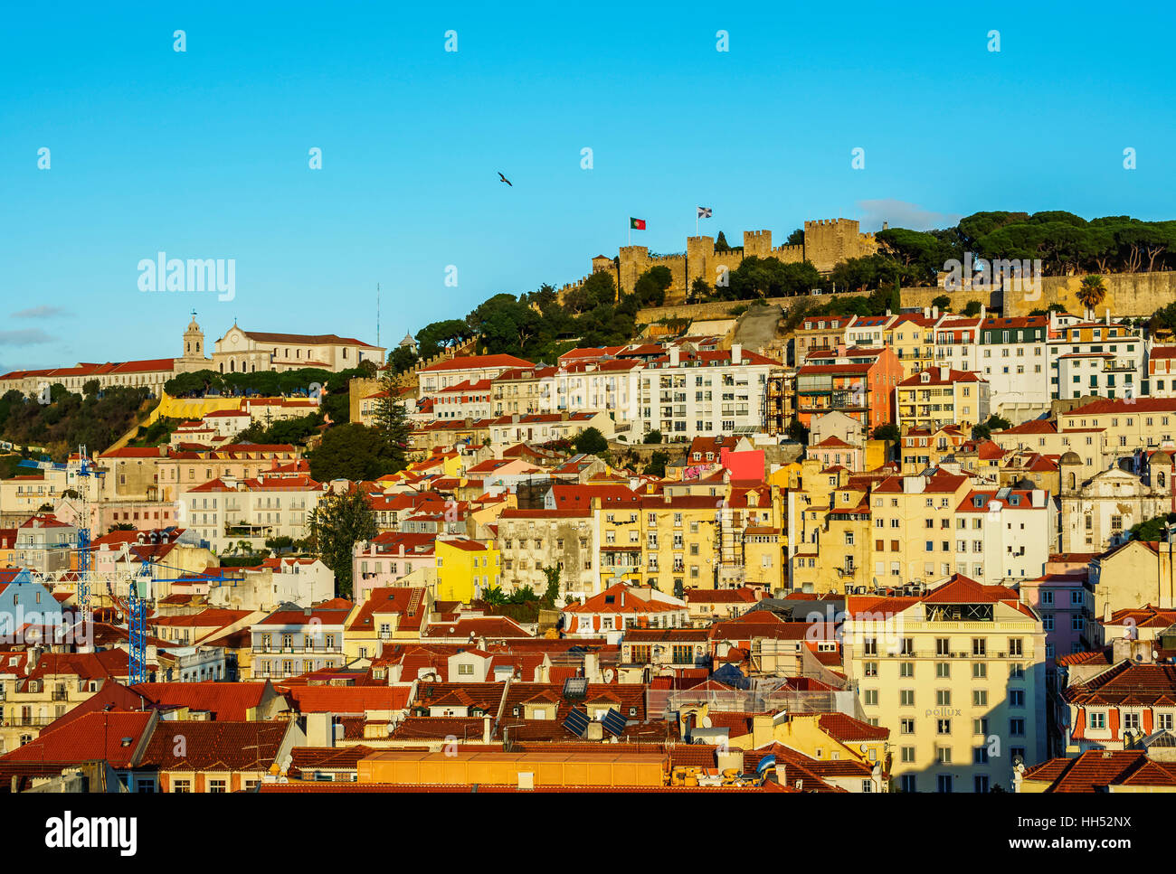 Portugal, Lisbon, Miradouro de Santa Justa, View towards the Sao Jorge Castle. Stock Photo